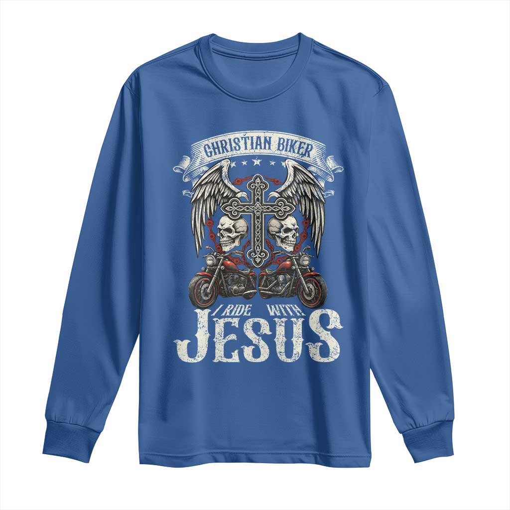 Christian Biker I Ride With Jesus Long Sleeve Shirt Religious Faith Motorcycle Rider Skull - Wonder Print Shop