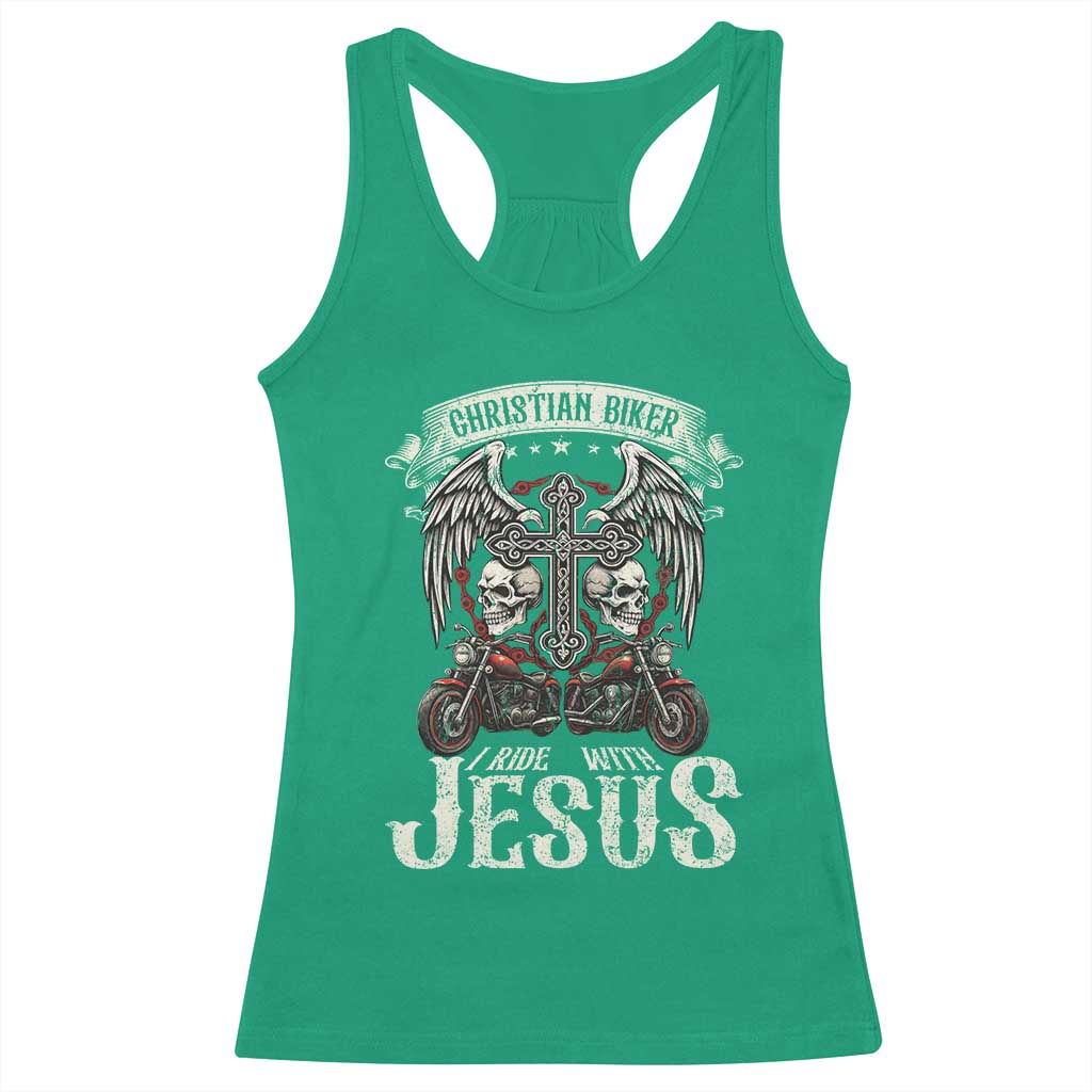 Christian Biker I Ride With Jesus Racerback Tank Top Religious Faith Motorcycle Rider Skull - Wonder Print Shop