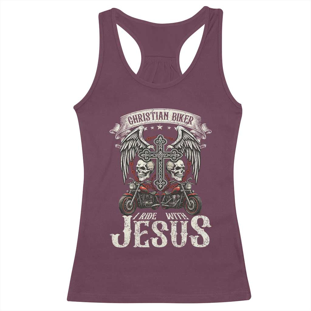 Christian Biker I Ride With Jesus Racerback Tank Top Religious Faith Motorcycle Rider Skull - Wonder Print Shop