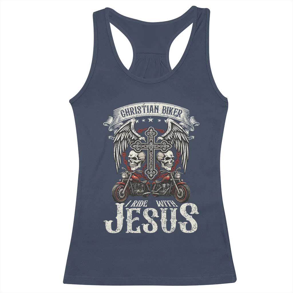Christian Biker I Ride With Jesus Racerback Tank Top Religious Faith Motorcycle Rider Skull - Wonder Print Shop