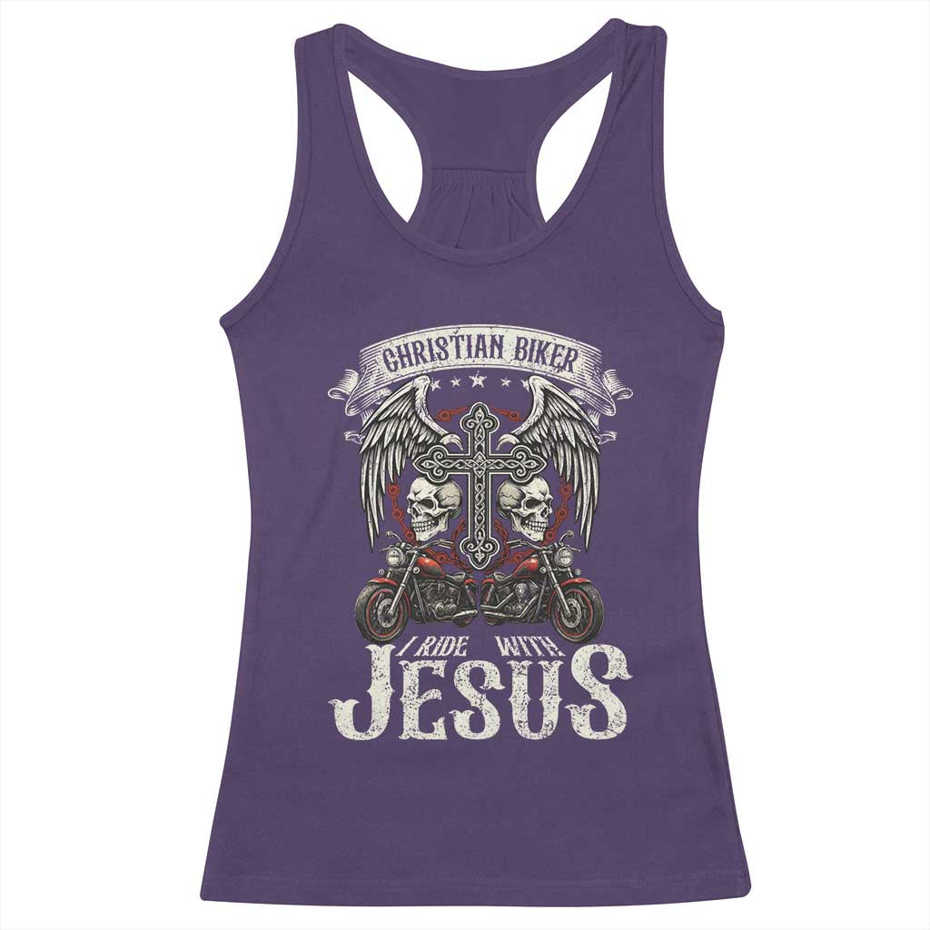 Christian Biker I Ride With Jesus Racerback Tank Top Religious Faith Motorcycle Rider Skull - Wonder Print Shop
