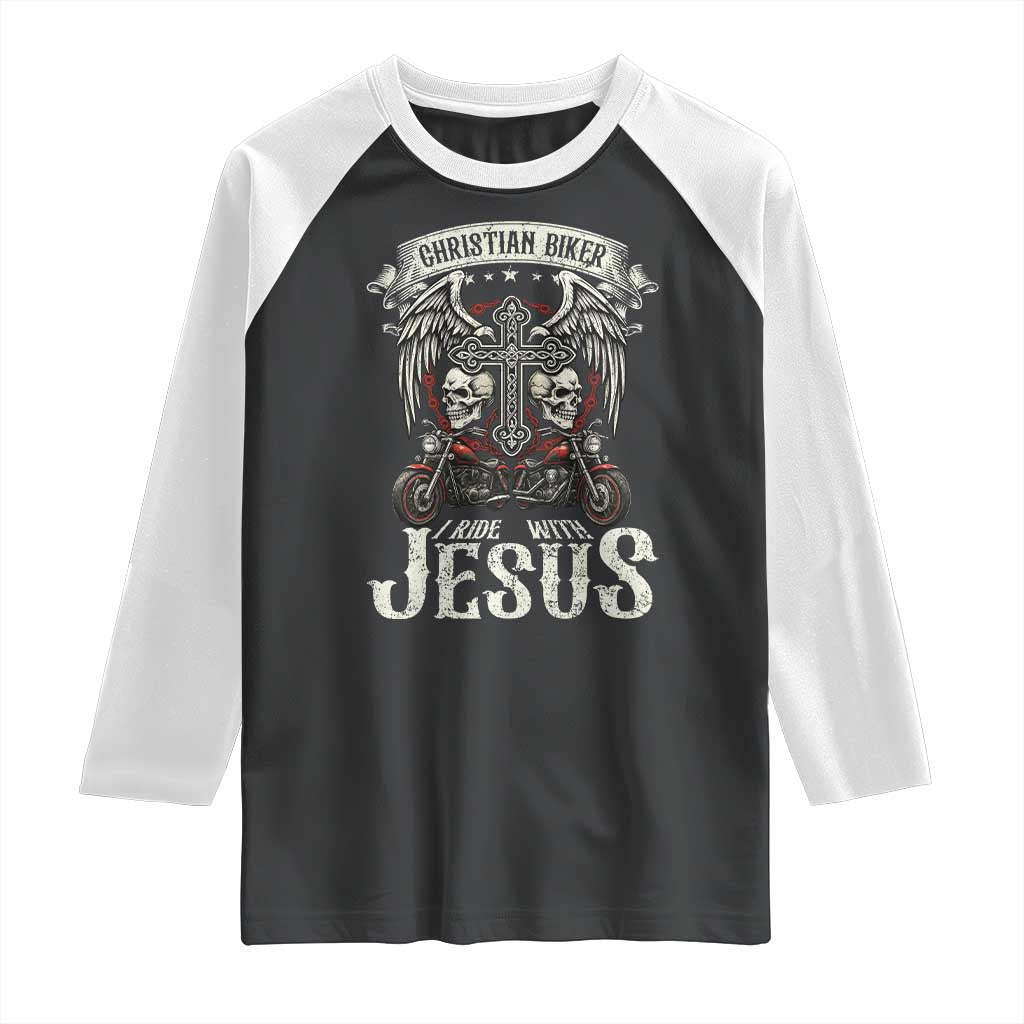 Christian Biker I Ride With Jesus Raglan Shirt Religious Faith Motorcycle Rider Skull - Wonder Print Shop