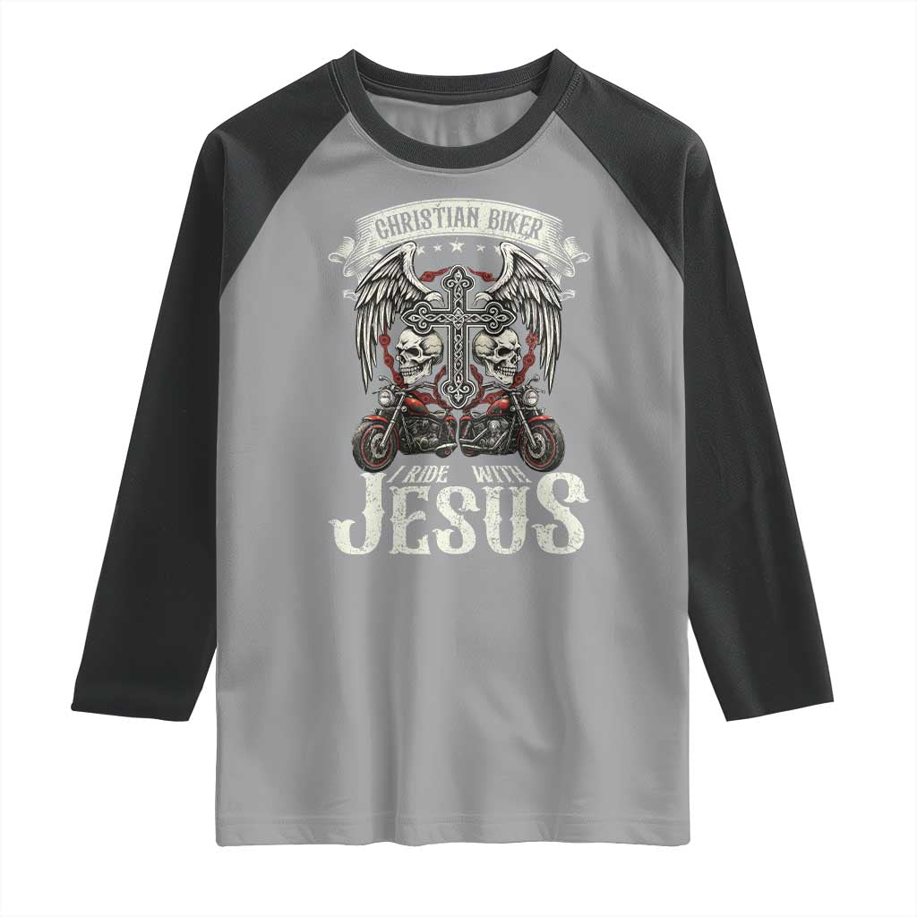 Christian Biker I Ride With Jesus Raglan Shirt Religious Faith Motorcycle Rider Skull - Wonder Print Shop