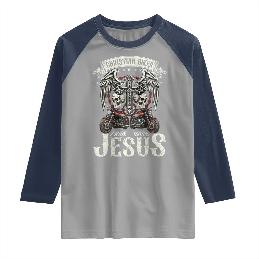 Christian Biker I Ride With Jesus Raglan Shirt Religious Faith Motorcycle Rider Skull - Wonder Print Shop