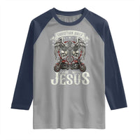 Christian Biker I Ride With Jesus Raglan Shirt Religious Faith Motorcycle Rider Skull - Wonder Print Shop