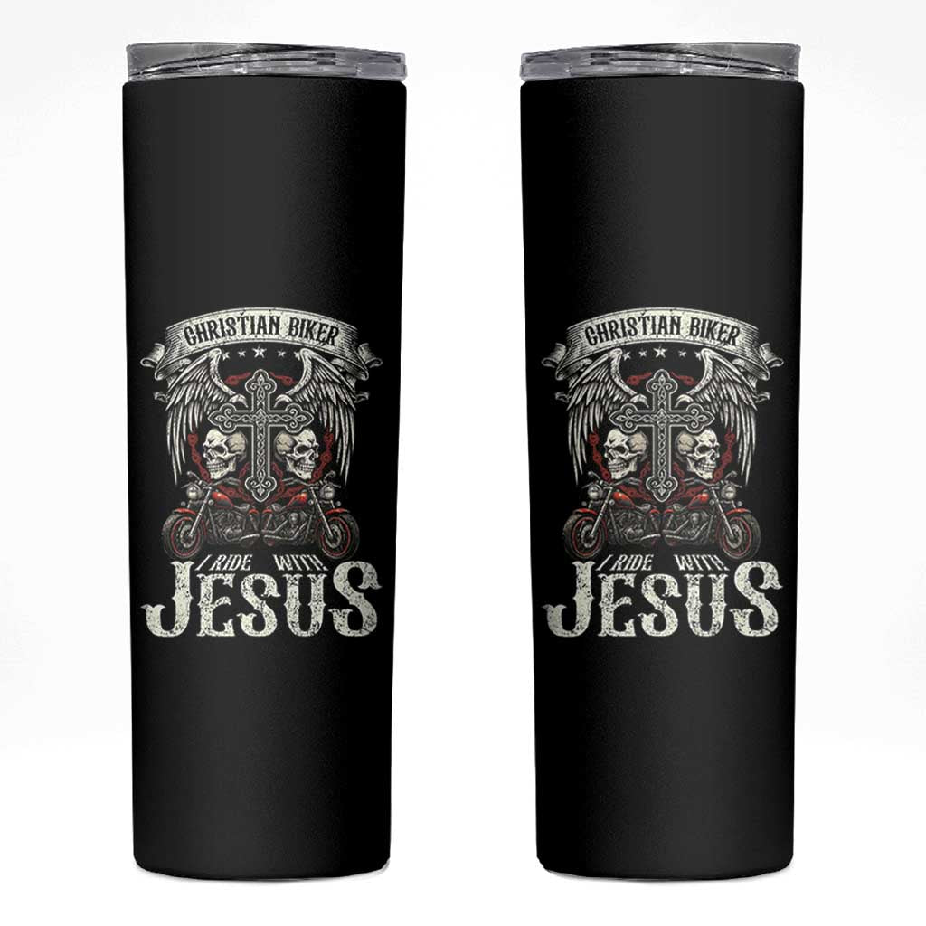 Christian Biker I Ride With Jesus Skinny Tumbler Religious Faith Motorcycle Rider Skull - Wonder Print Shop