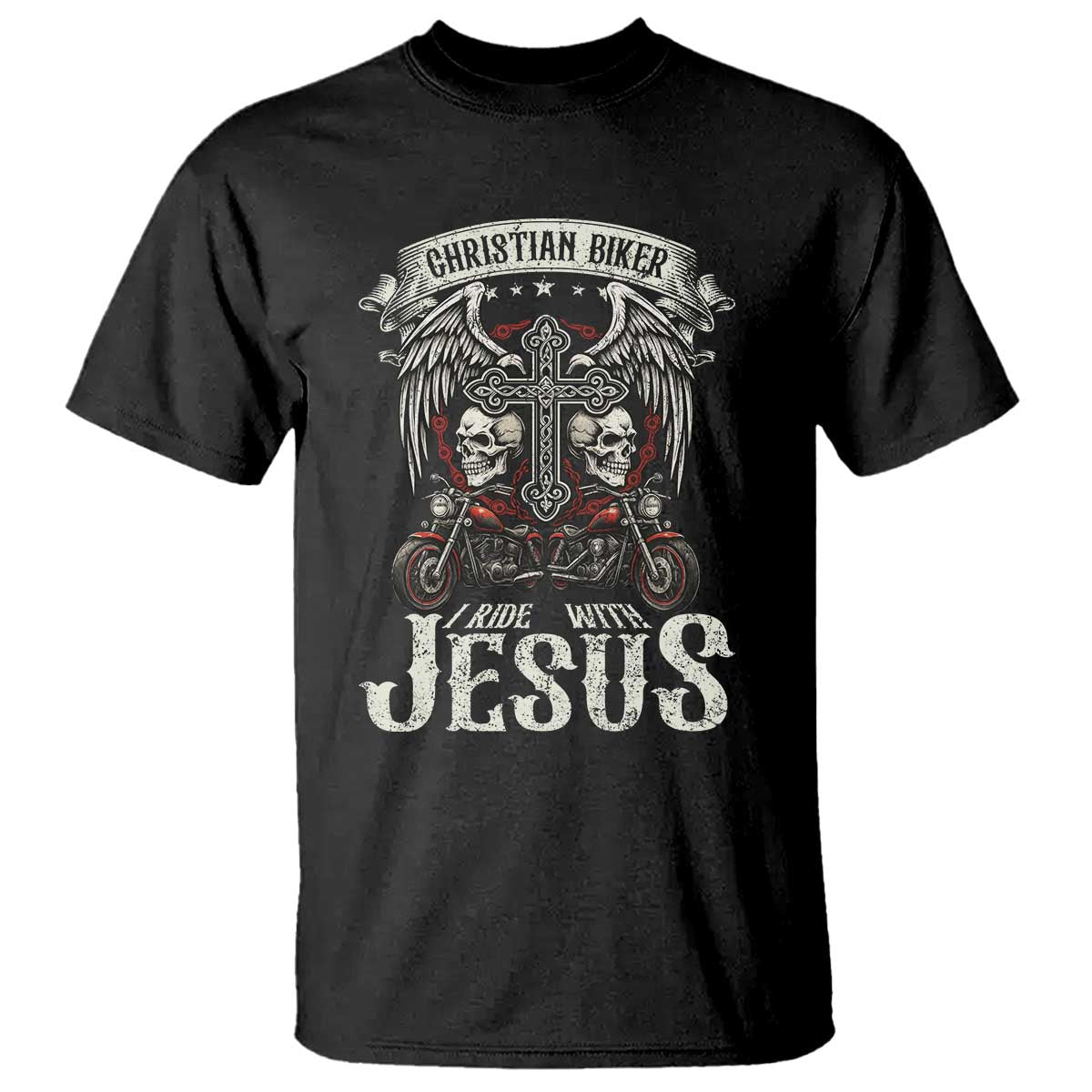 Christian Biker I Ride With Jesus T Shirt Religious Faith Motorcycle Rider Skull - Wonder Print Shop