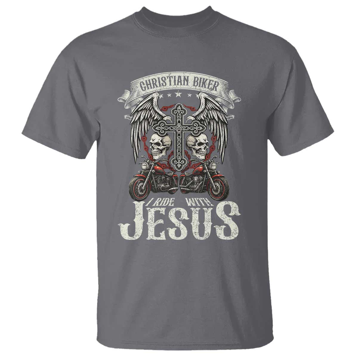 Christian Biker I Ride With Jesus T Shirt Religious Faith Motorcycle Rider Skull - Wonder Print Shop