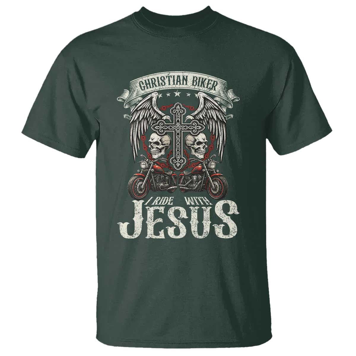 Christian Biker I Ride With Jesus T Shirt Religious Faith Motorcycle Rider Skull - Wonder Print Shop