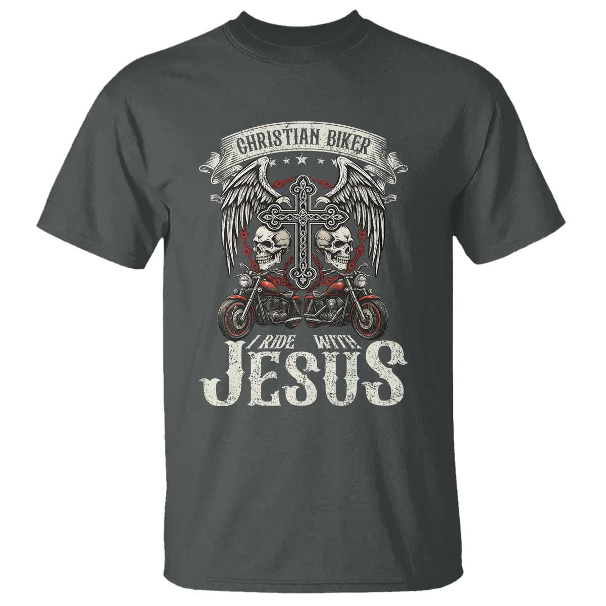 Christian Biker I Ride With Jesus T Shirt Religious Faith Motorcycle Rider Skull - Wonder Print Shop
