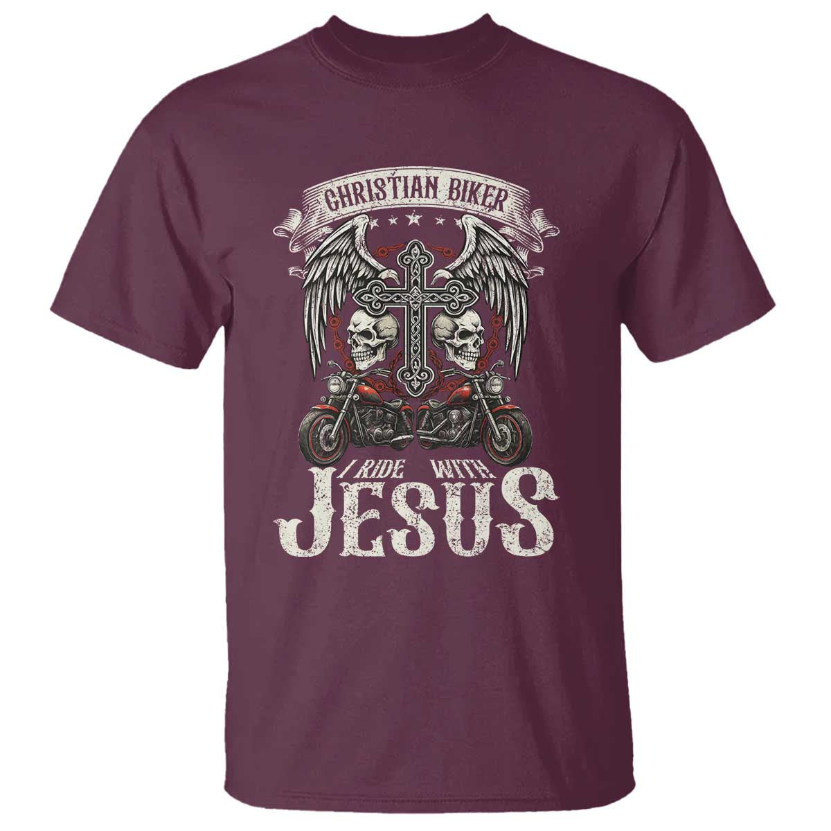 Christian Biker I Ride With Jesus T Shirt Religious Faith Motorcycle Rider Skull - Wonder Print Shop