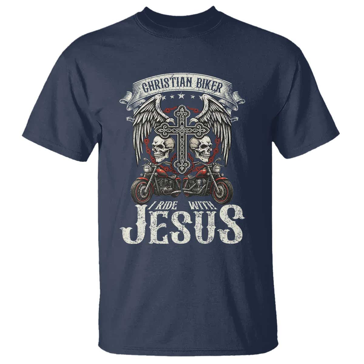 Christian Biker I Ride With Jesus T Shirt Religious Faith Motorcycle Rider Skull - Wonder Print Shop
