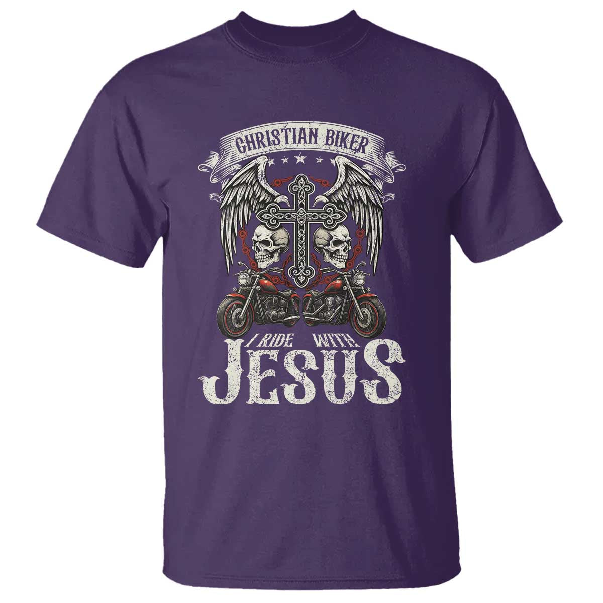 Christian Biker I Ride With Jesus T Shirt Religious Faith Motorcycle Rider Skull - Wonder Print Shop