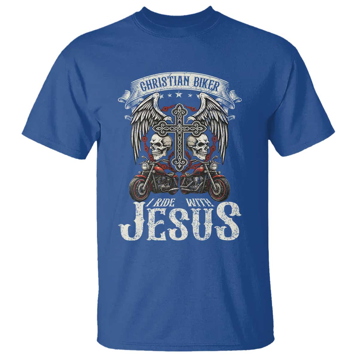 Christian Biker I Ride With Jesus T Shirt Religious Faith Motorcycle Rider Skull - Wonder Print Shop