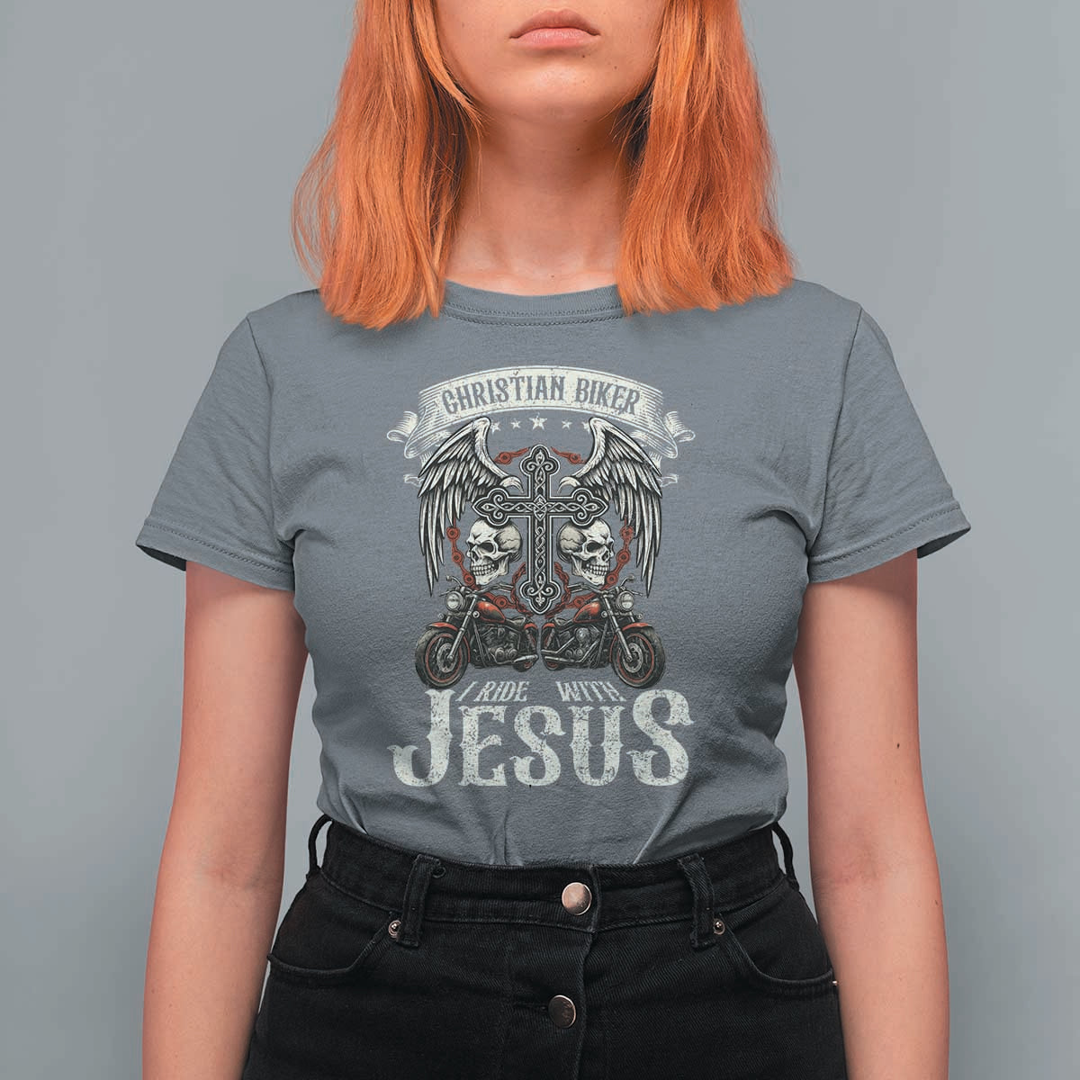 Christian Biker I Ride With Jesus T Shirt For Women Religious Faith Motorcycle Rider Skull - Wonder Print Shop