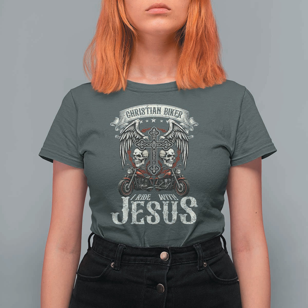 Christian Biker I Ride With Jesus T Shirt For Women Religious Faith Motorcycle Rider Skull - Wonder Print Shop