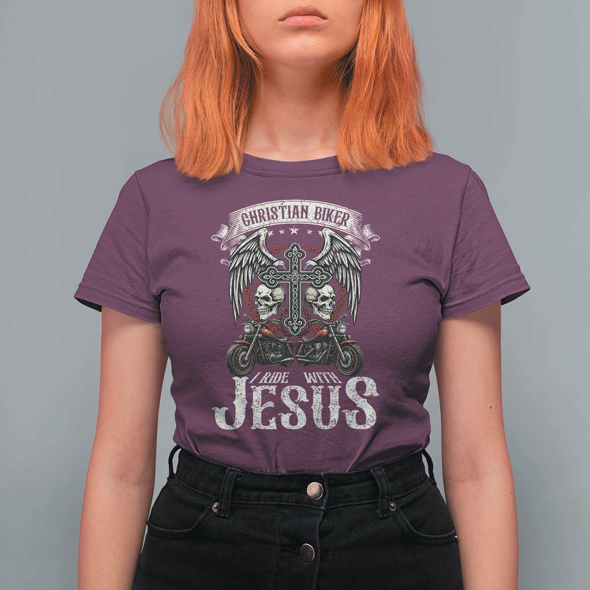 Christian Biker I Ride With Jesus T Shirt For Women Religious Faith Motorcycle Rider Skull - Wonder Print Shop