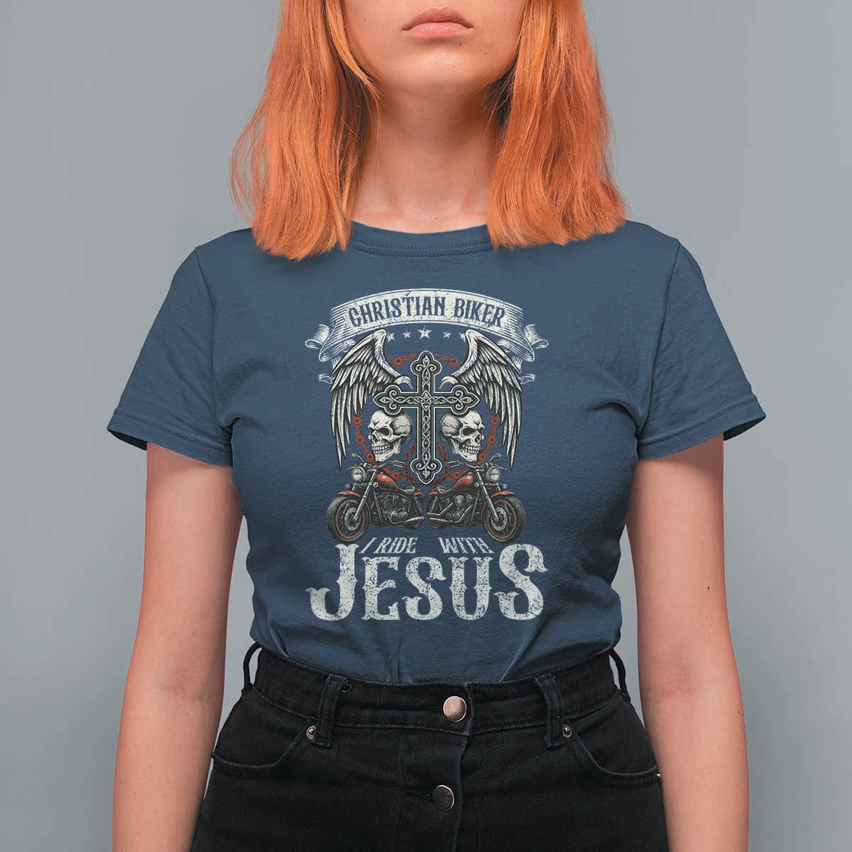Christian Biker I Ride With Jesus T Shirt For Women Religious Faith Motorcycle Rider Skull - Wonder Print Shop