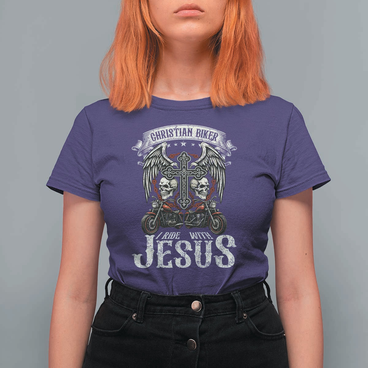 Christian Biker I Ride With Jesus T Shirt For Women Religious Faith Motorcycle Rider Skull - Wonder Print Shop