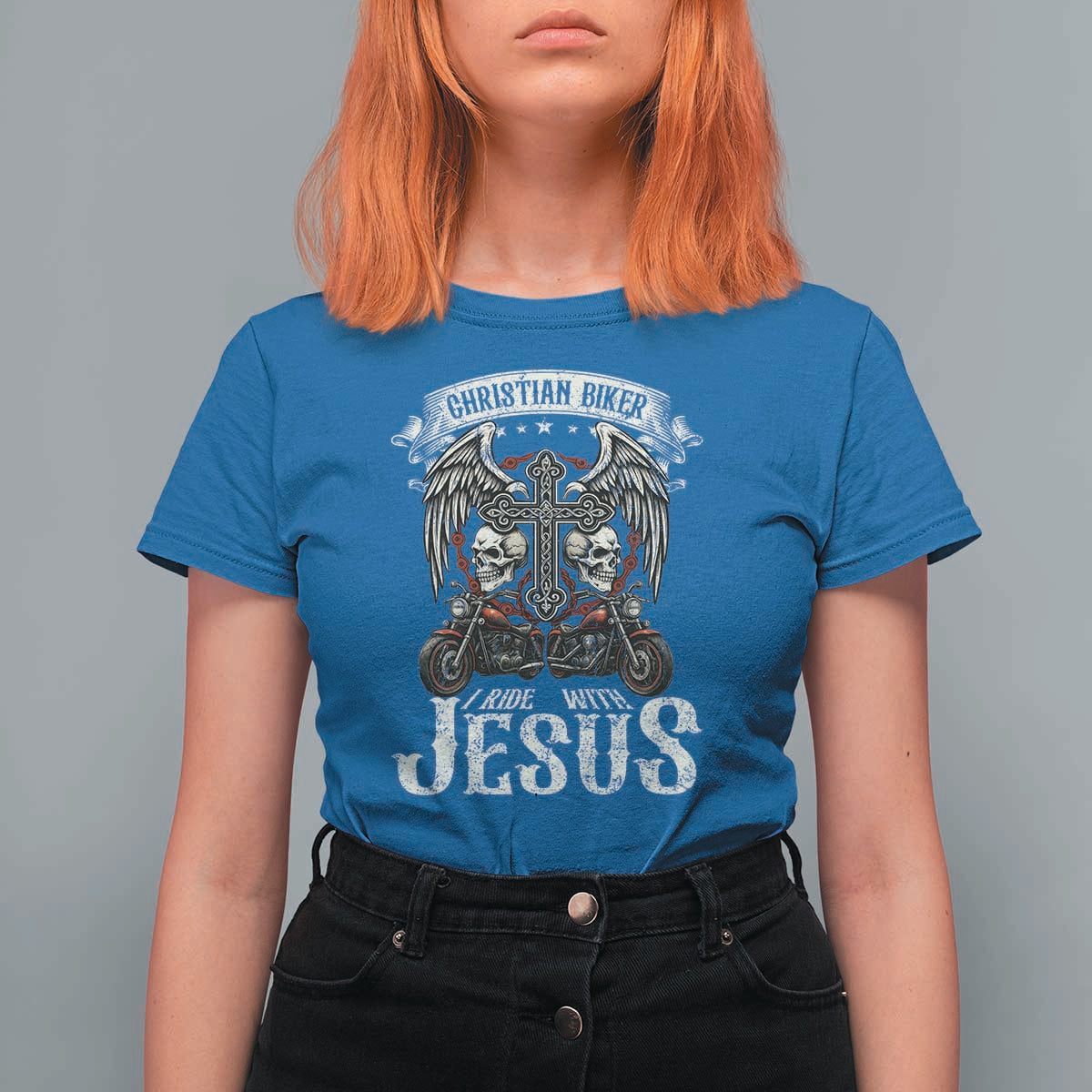 Christian Biker I Ride With Jesus T Shirt For Women Religious Faith Motorcycle Rider Skull - Wonder Print Shop