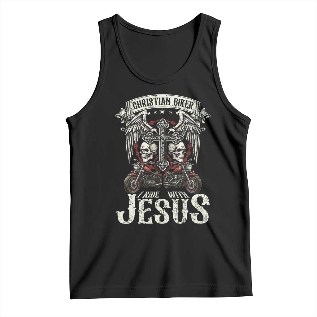 Christian Biker I Ride With Jesus Tank Top Religious Faith Motorcycle Rider Skull - Wonder Print Shop