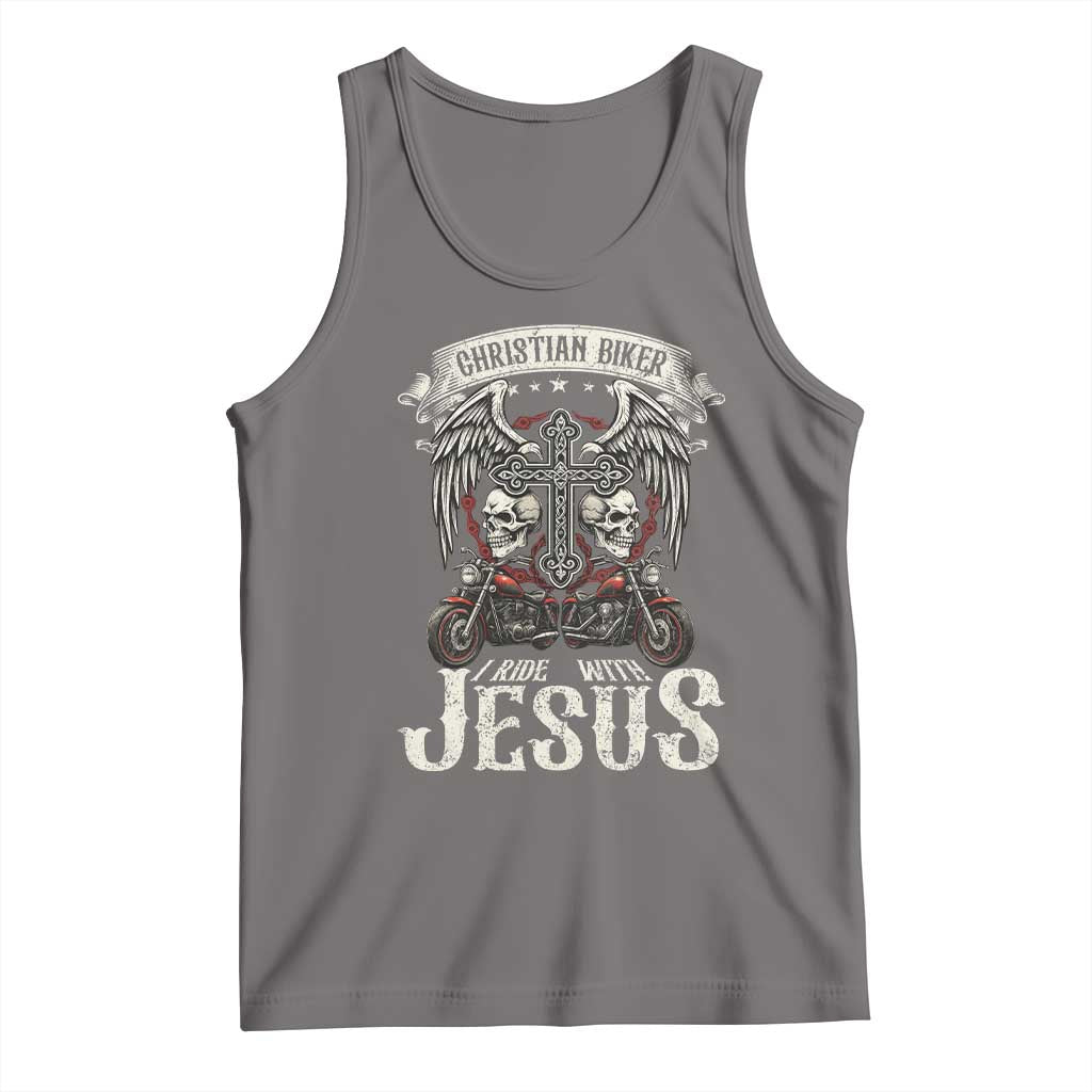Christian Biker I Ride With Jesus Tank Top Religious Faith Motorcycle Rider Skull - Wonder Print Shop