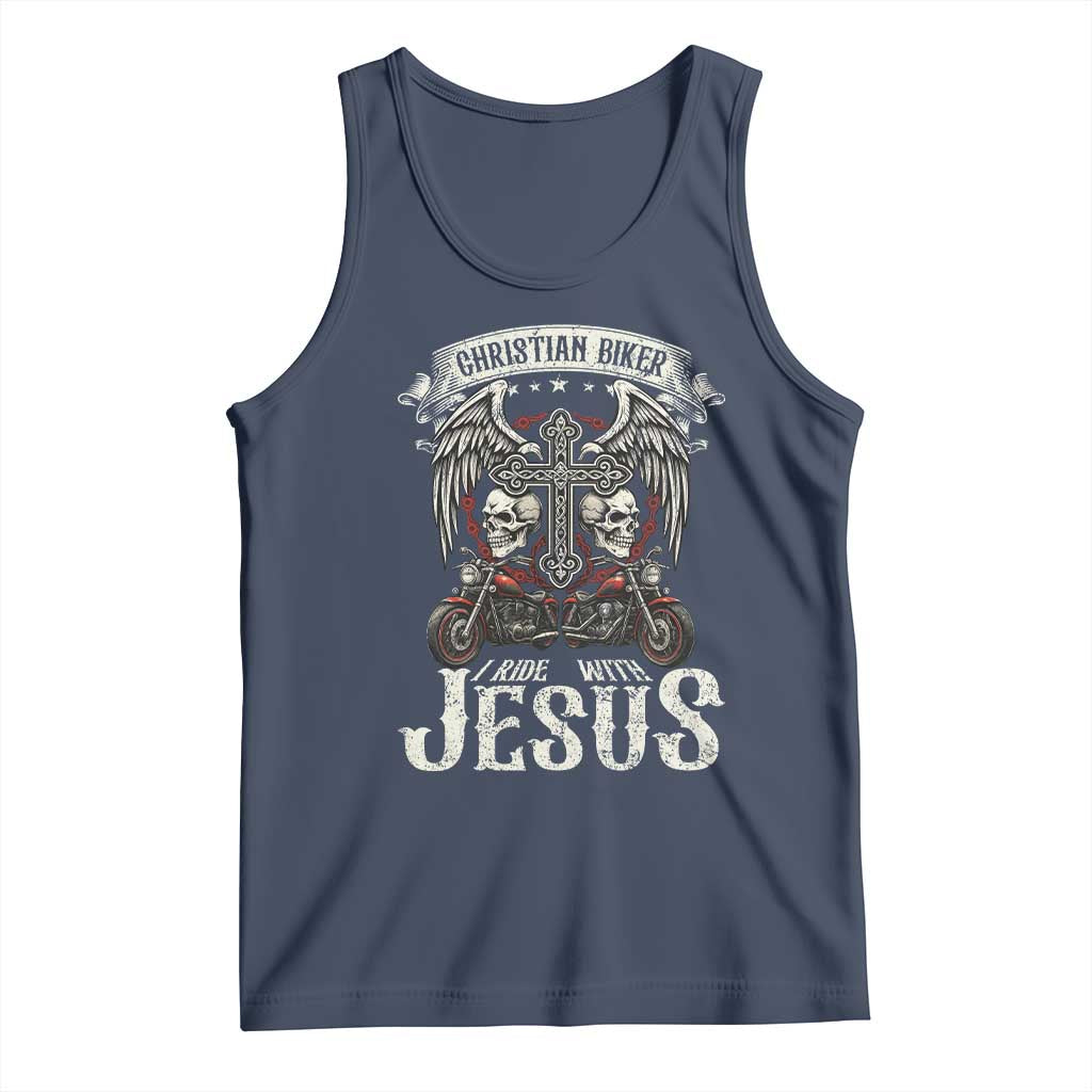 Christian Biker I Ride With Jesus Tank Top Religious Faith Motorcycle Rider Skull - Wonder Print Shop