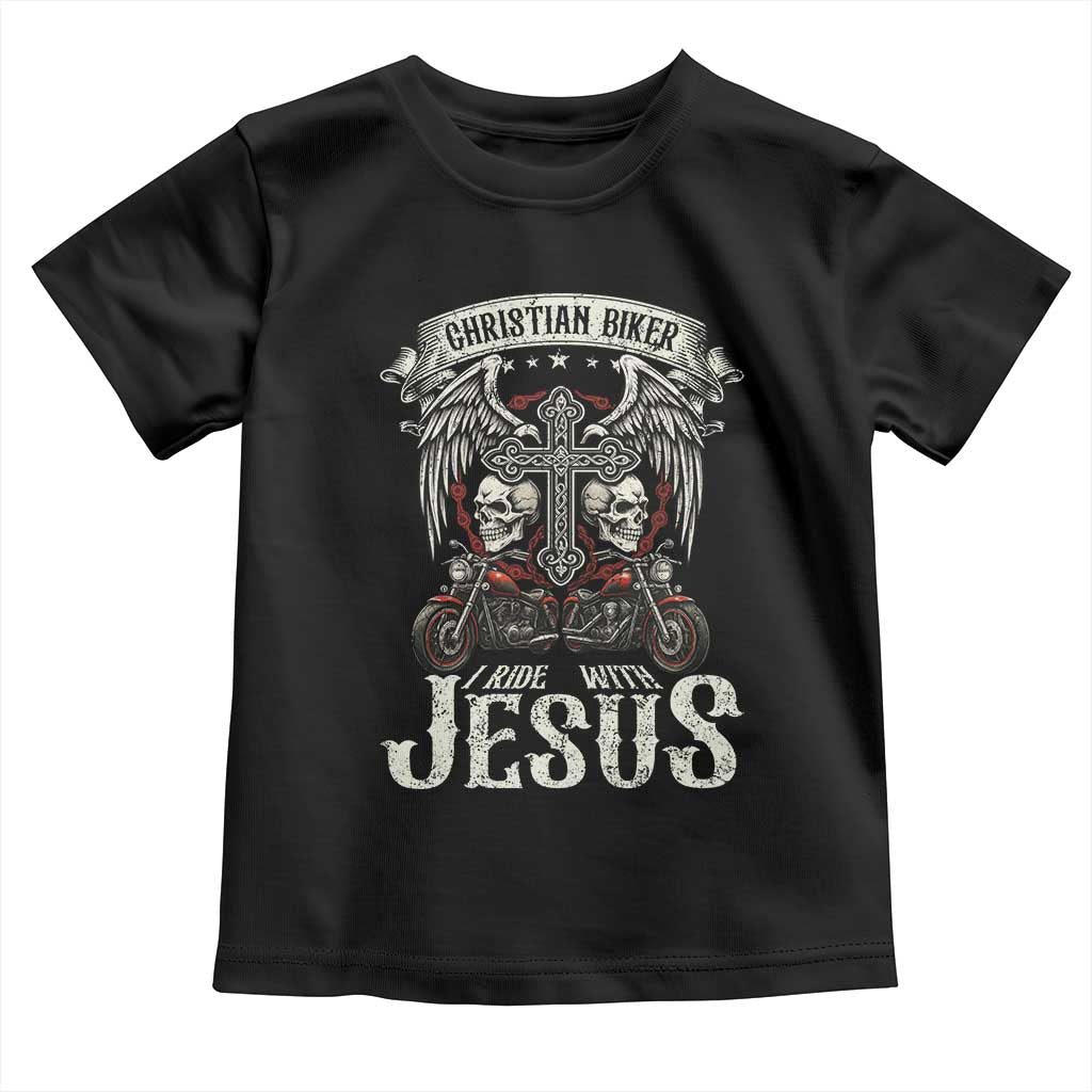 Christian Biker I Ride With Jesus Toddler T Shirt Religious Faith Motorcycle Rider Skull - Wonder Print Shop