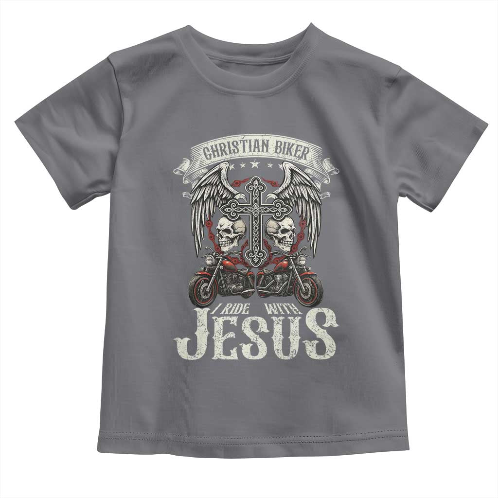 Christian Biker I Ride With Jesus Toddler T Shirt Religious Faith Motorcycle Rider Skull - Wonder Print Shop