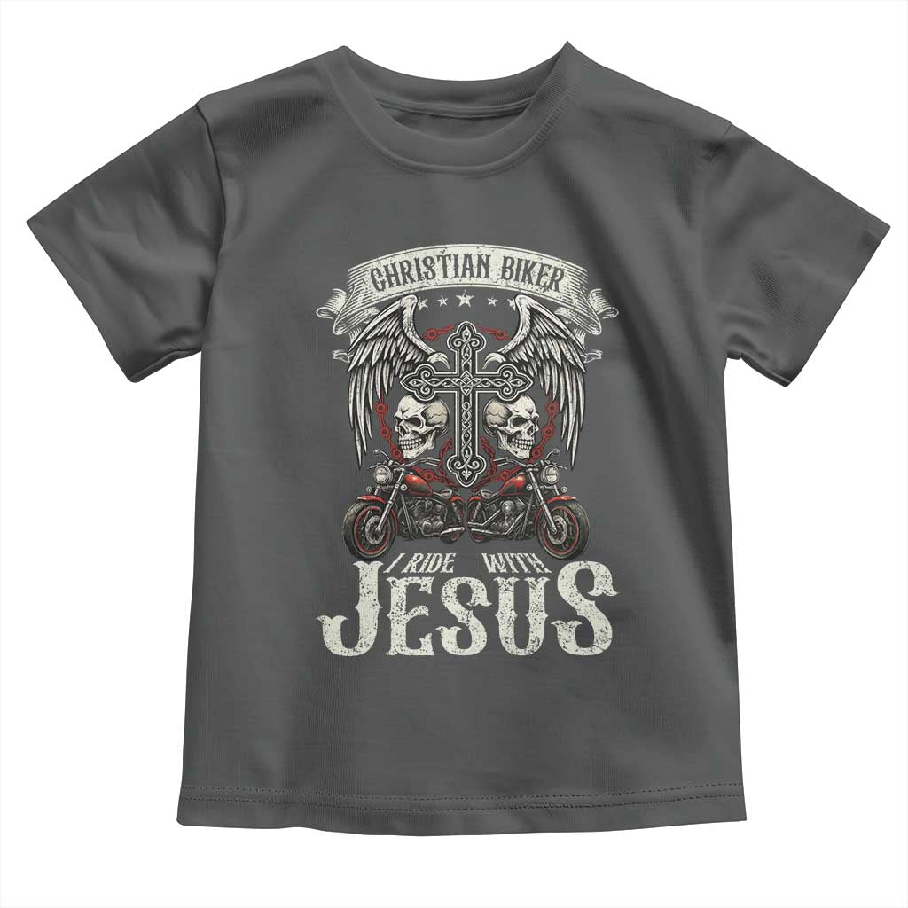 Christian Biker I Ride With Jesus Toddler T Shirt Religious Faith Motorcycle Rider Skull - Wonder Print Shop