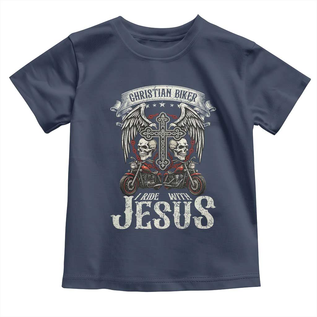 Christian Biker I Ride With Jesus Toddler T Shirt Religious Faith Motorcycle Rider Skull - Wonder Print Shop