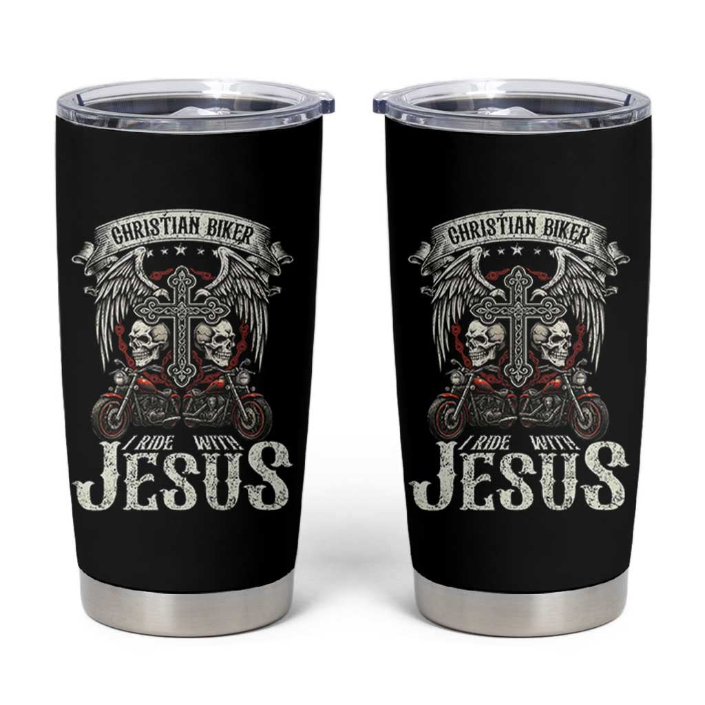 Christian Biker I Ride With Jesus Tumbler Cup Religious Faith Motorcycle Rider Skull - Wonder Print Shop