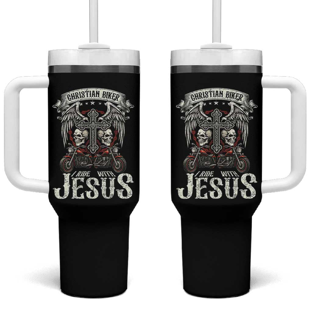 Christian Biker I Ride With Jesus Tumbler With Handle Religious Faith Motorcycle Rider Skull - Wonder Print Shop
