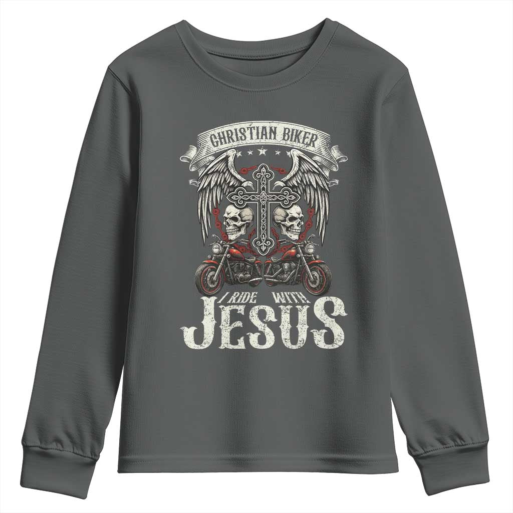 Christian Biker I Ride With Jesus Youth Sweatshirt Religious Faith Motorcycle Rider Skull - Wonder Print Shop