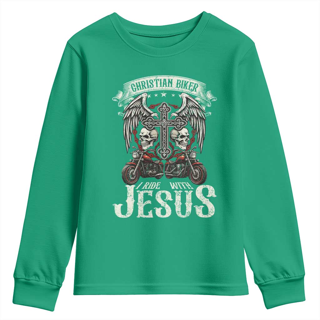 Christian Biker I Ride With Jesus Youth Sweatshirt Religious Faith Motorcycle Rider Skull - Wonder Print Shop