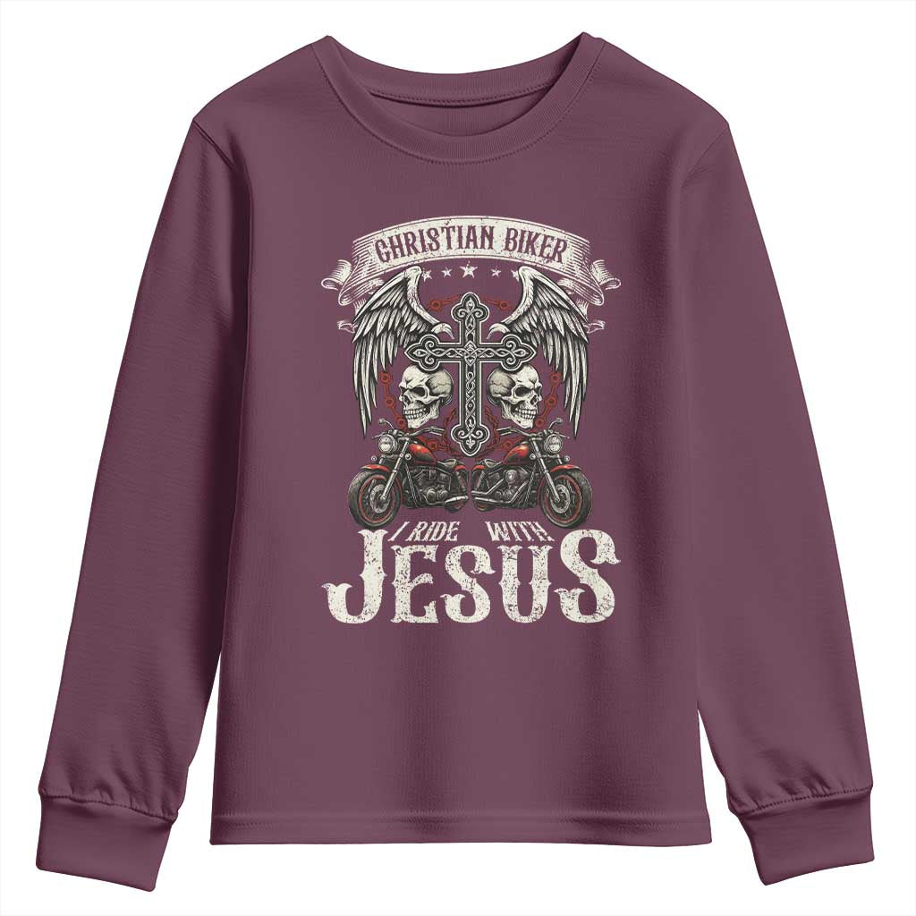 Christian Biker I Ride With Jesus Youth Sweatshirt Religious Faith Motorcycle Rider Skull - Wonder Print Shop