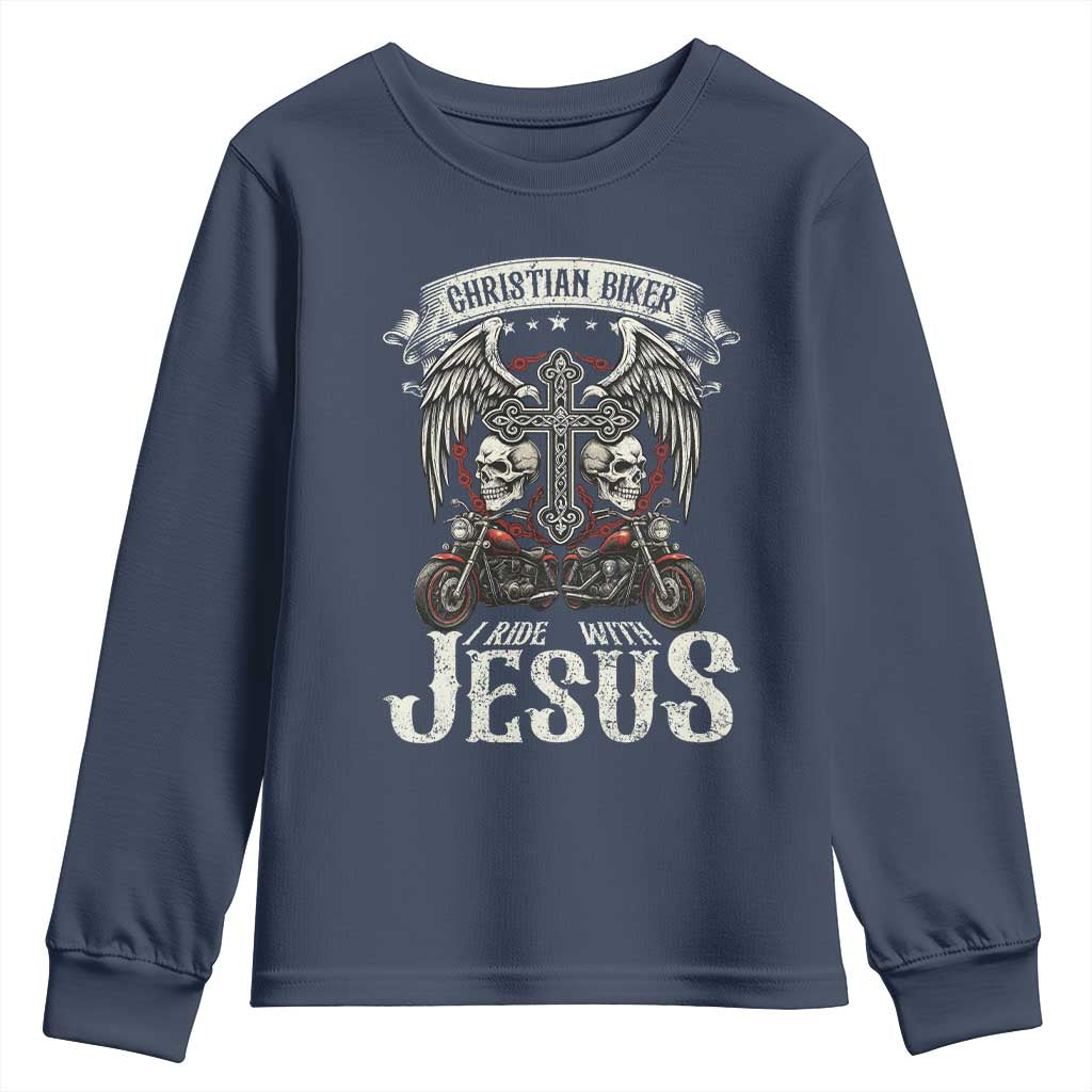 Christian Biker I Ride With Jesus Youth Sweatshirt Religious Faith Motorcycle Rider Skull - Wonder Print Shop