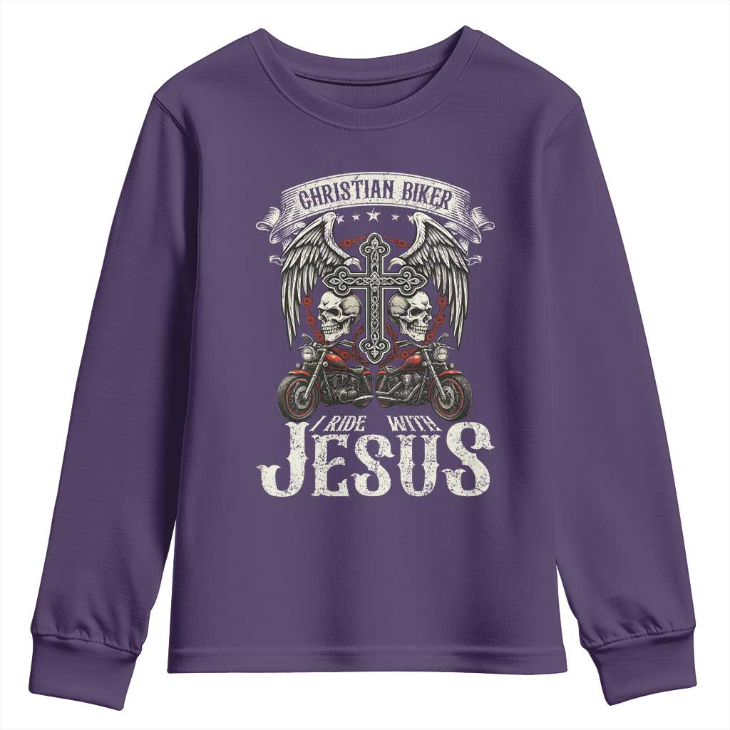 Christian Biker I Ride With Jesus Youth Sweatshirt Religious Faith Motorcycle Rider Skull - Wonder Print Shop