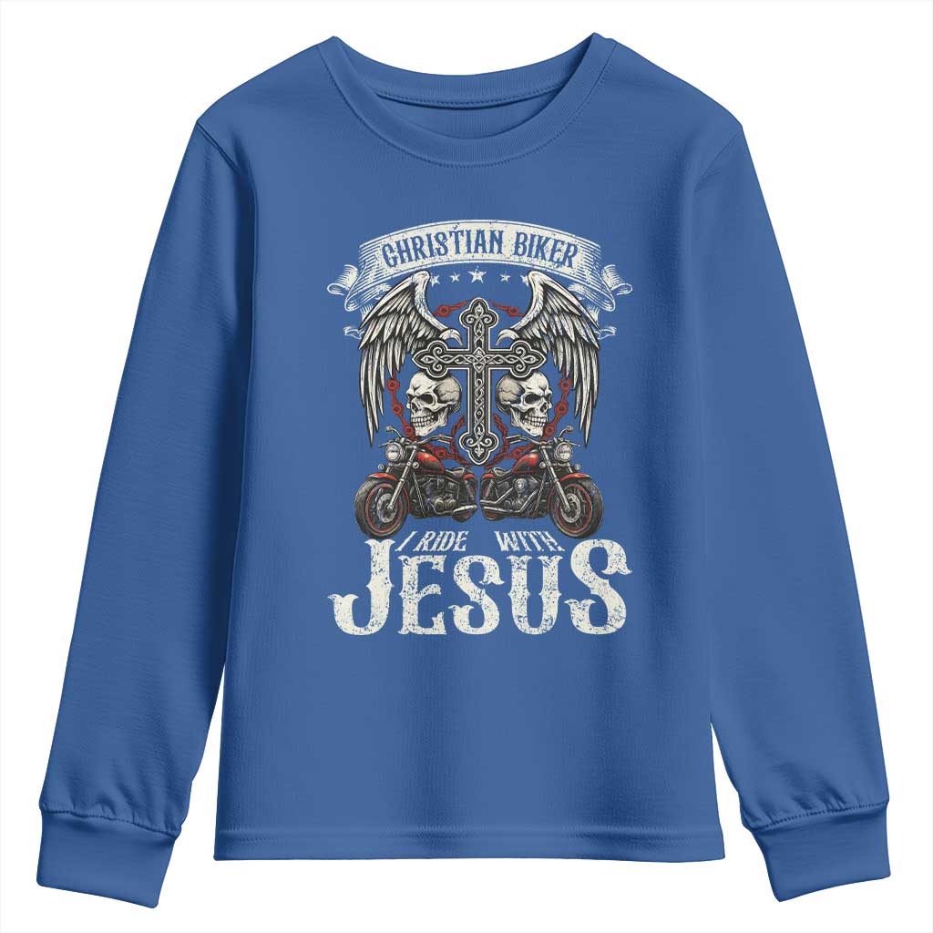 Christian Biker I Ride With Jesus Youth Sweatshirt Religious Faith Motorcycle Rider Skull - Wonder Print Shop