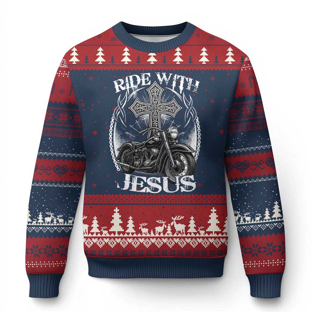 Christian Biker Ugly Christmas Sweater Ride With Jesus Religious Faith Motorcycle Rider - Wonder Print Shop