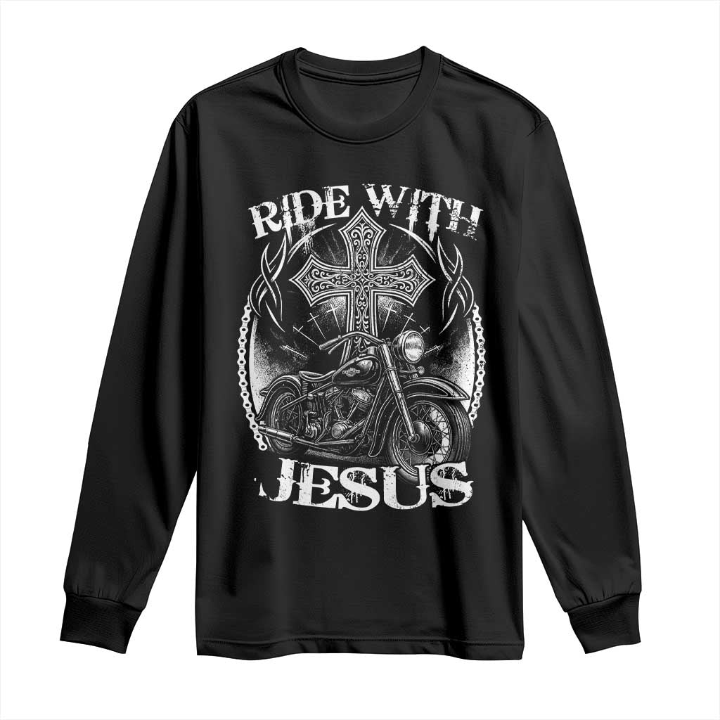 Christian Biker Long Sleeve Shirt Ride With Jesus Religious Faith Motorcycle Rider - Wonder Print Shop