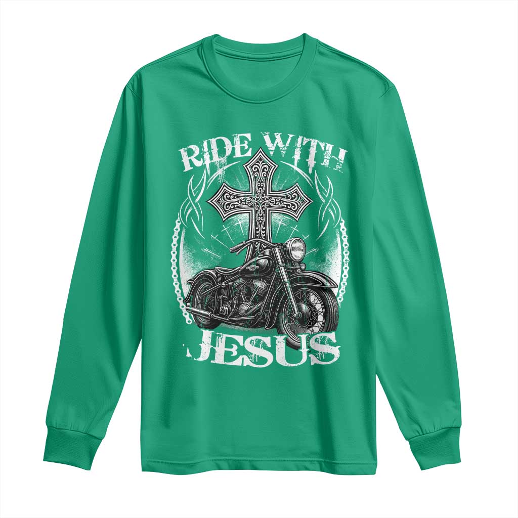 Christian Biker Long Sleeve Shirt Ride With Jesus Religious Faith Motorcycle Rider - Wonder Print Shop