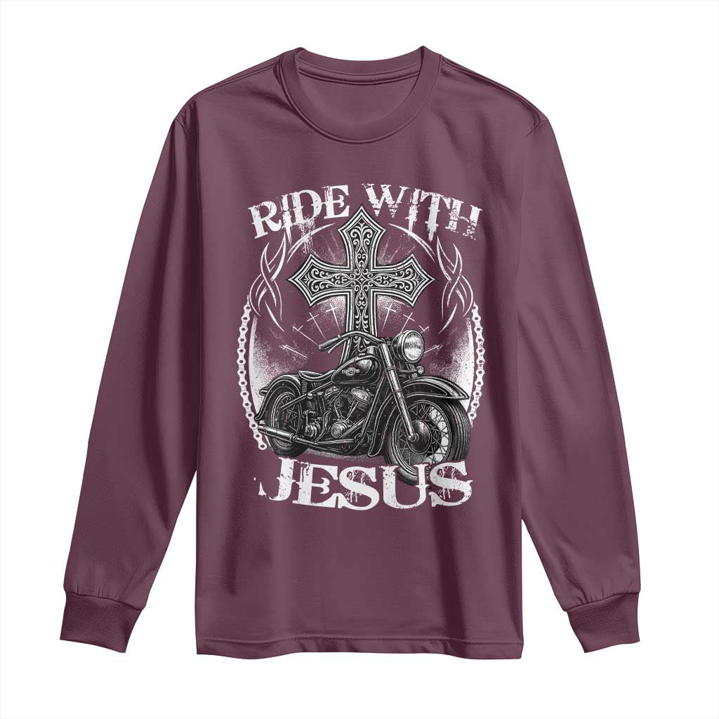 Christian Biker Long Sleeve Shirt Ride With Jesus Religious Faith Motorcycle Rider - Wonder Print Shop