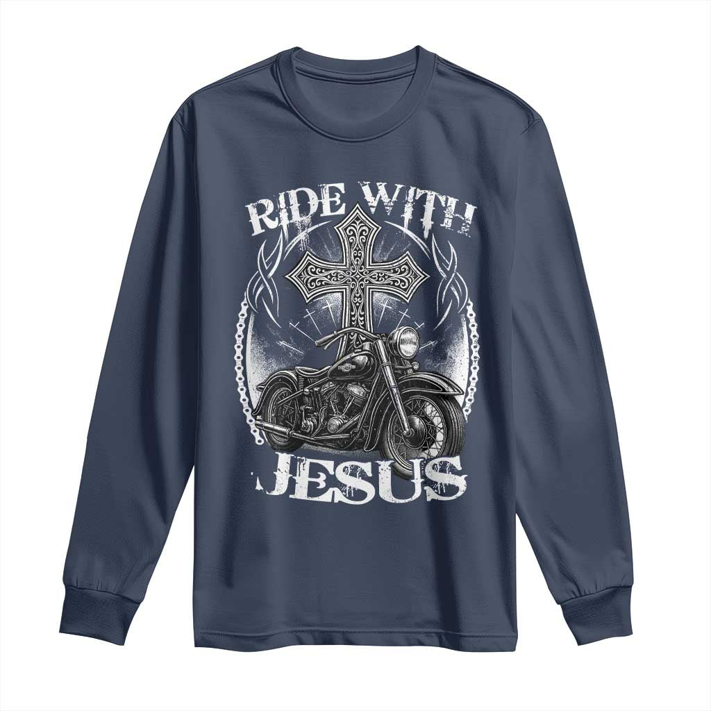 Christian Biker Long Sleeve Shirt Ride With Jesus Religious Faith Motorcycle Rider - Wonder Print Shop
