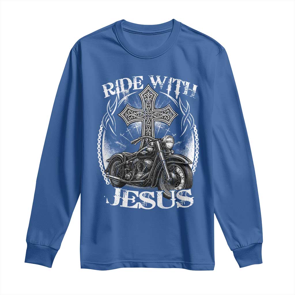 Christian Biker Long Sleeve Shirt Ride With Jesus Religious Faith Motorcycle Rider - Wonder Print Shop