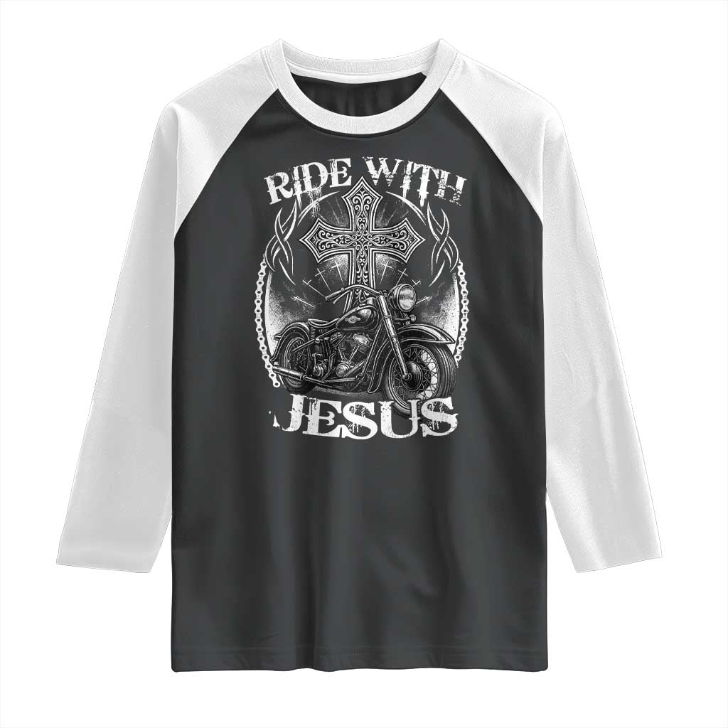 Christian Biker Raglan Shirt Ride With Jesus Religious Faith Motorcycle Rider - Wonder Print Shop