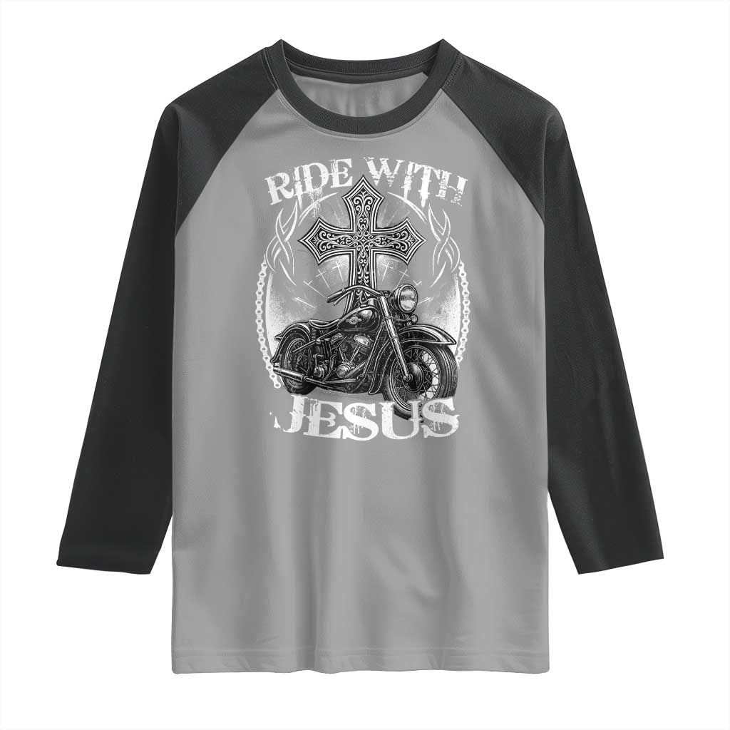 Christian Biker Raglan Shirt Ride With Jesus Religious Faith Motorcycle Rider - Wonder Print Shop