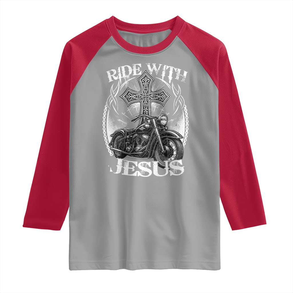 Christian Biker Raglan Shirt Ride With Jesus Religious Faith Motorcycle Rider - Wonder Print Shop