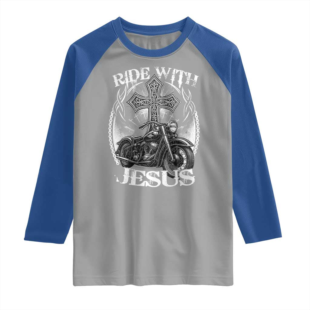Christian Biker Raglan Shirt Ride With Jesus Religious Faith Motorcycle Rider - Wonder Print Shop