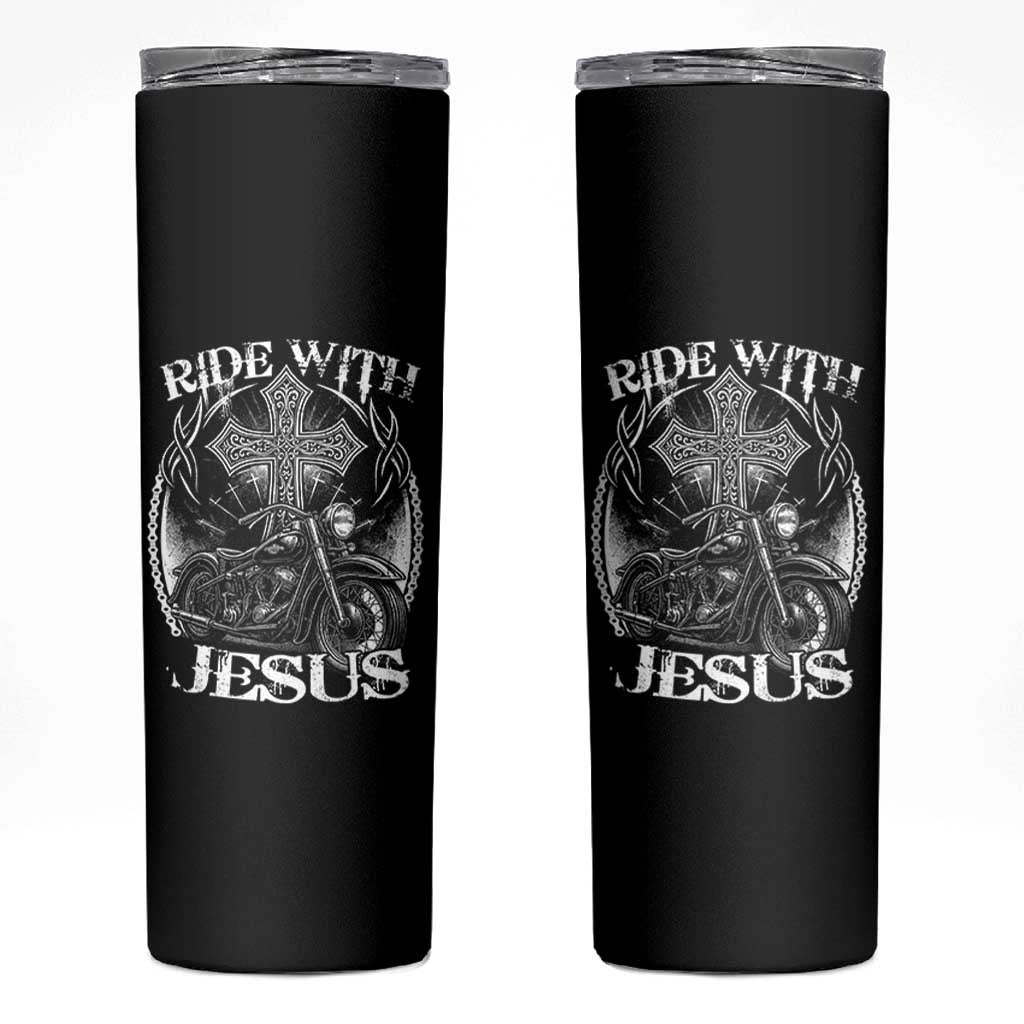 Christian Biker Skinny Tumbler Ride With Jesus Religious Faith Motorcycle Rider - Wonder Print Shop